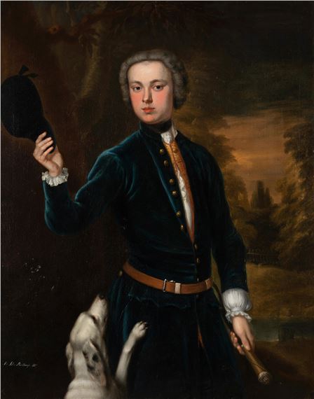 Portrait of Sir John Shuckburgh, 3rd. Bt, three-quarter-length, in a blue velvet coat, holding a crop, standing in a landscape with his hound by Enoch Seeman