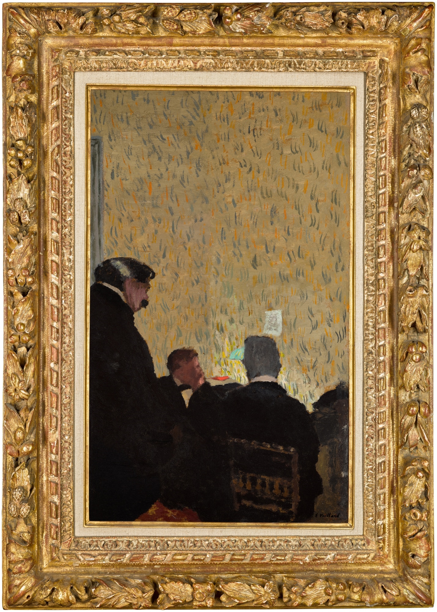 Artwork by Édouard Vuillard, Les messieurs en noir, Made of oil on board laid down on panel