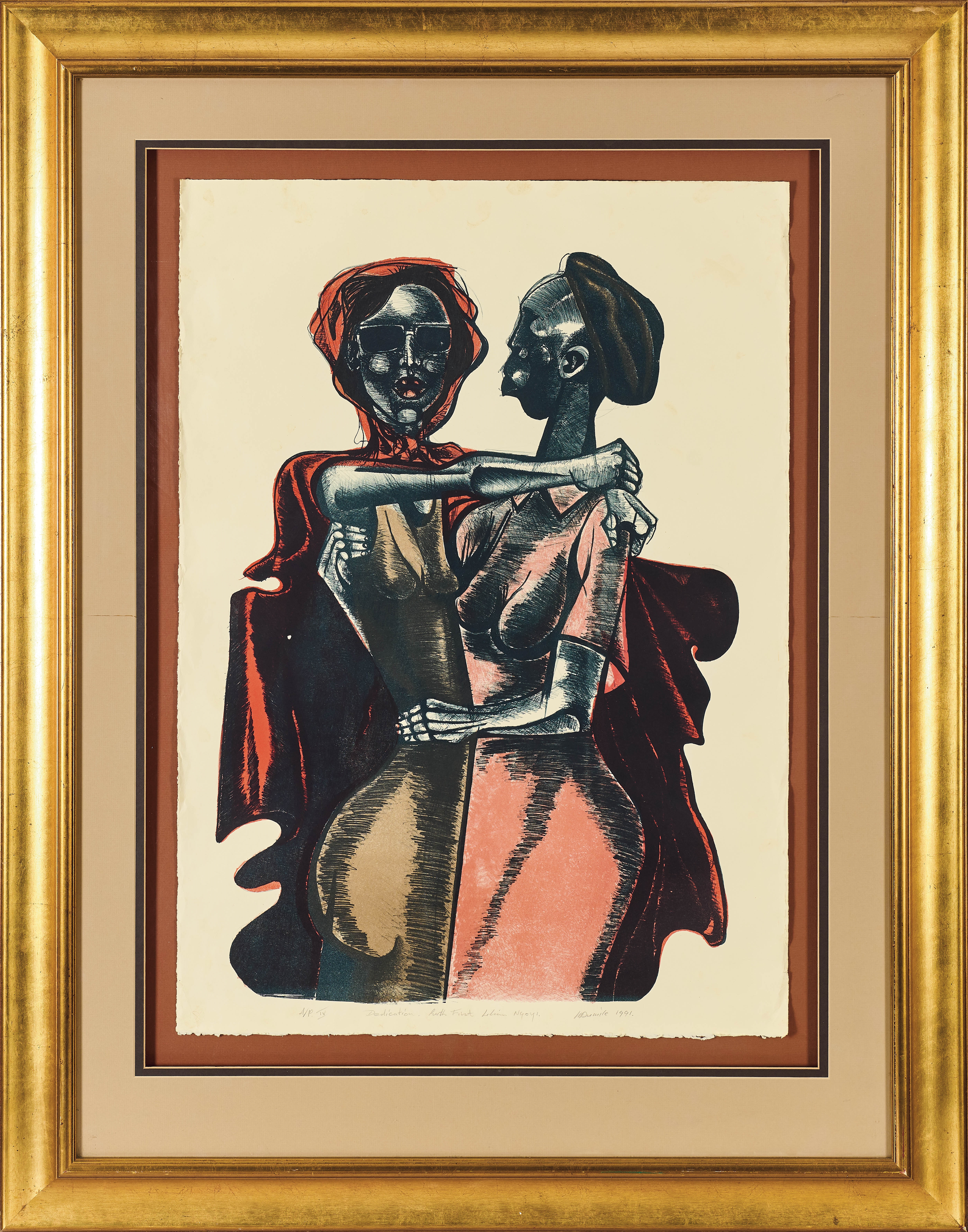 Artwork by Dumile Zwelidumile Mxgazi Feni-Mhlaba, Dedication to Ruth First and Lilian Ngoyi, Made of colour lithograph