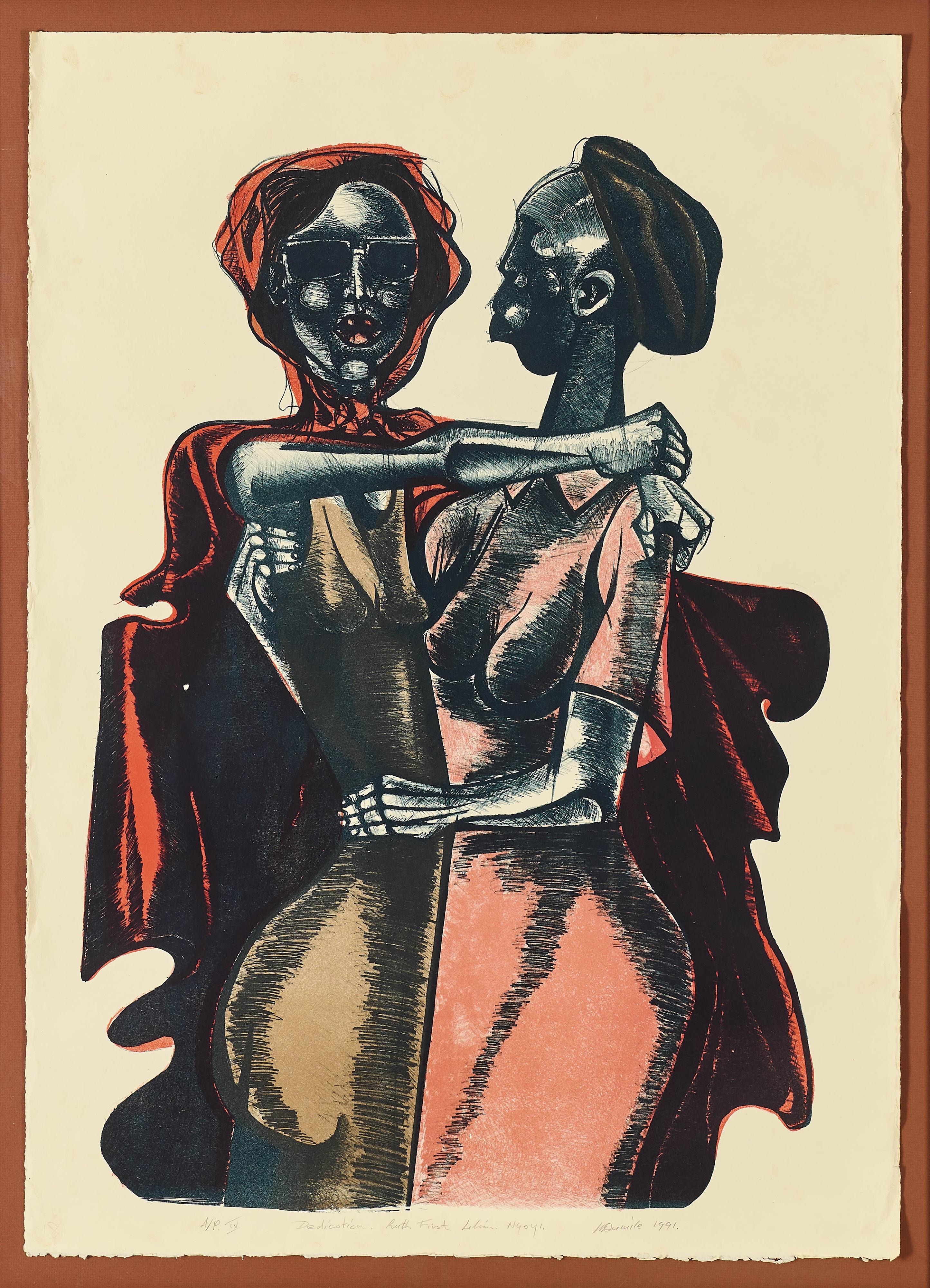 Artwork by Dumile Zwelidumile Mxgazi Feni-Mhlaba, Dedication to Ruth First and Lilian Ngoyi, Made of colour lithograph