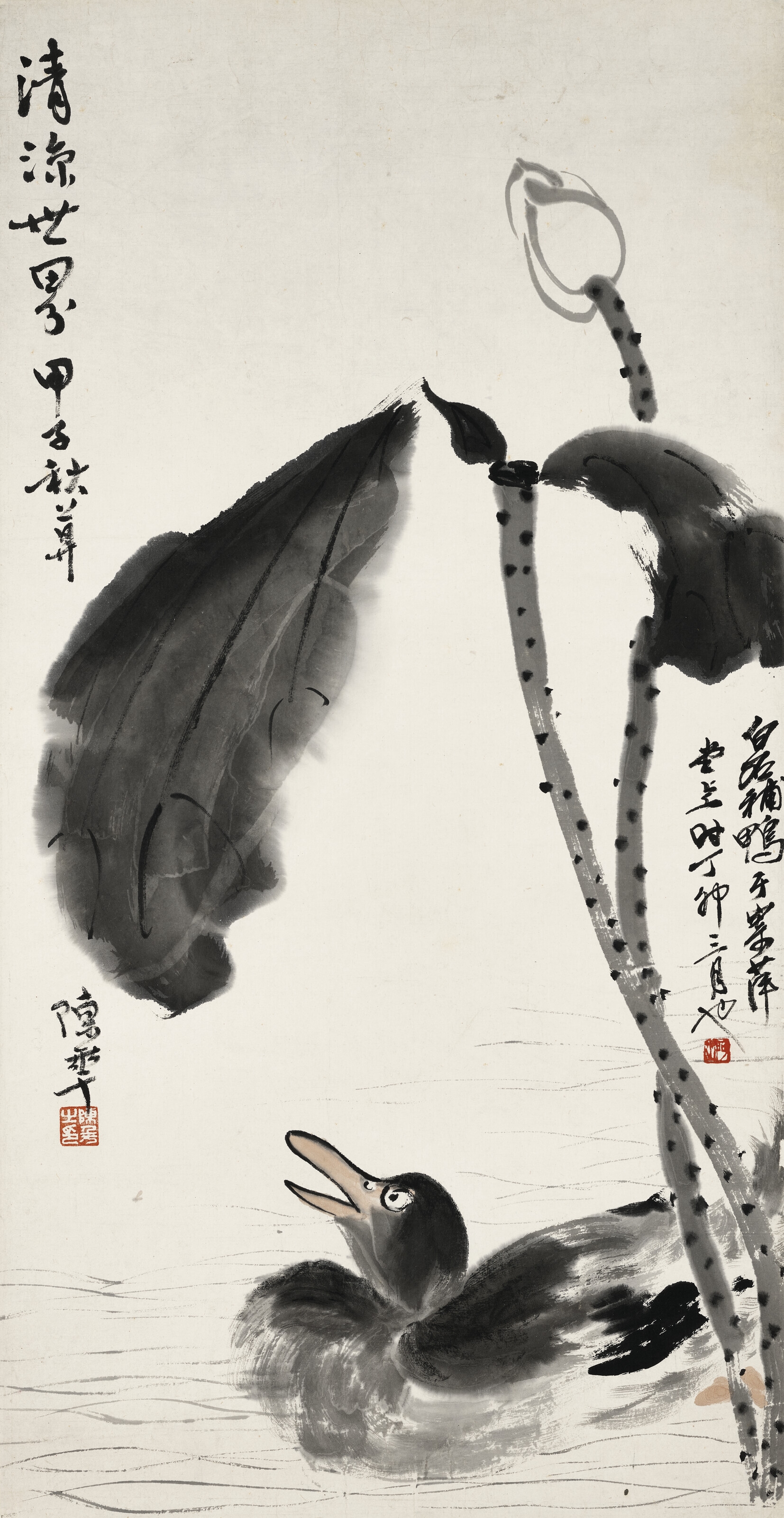 Artwork by Qi Baishi, Chen Banding, Lotus and Duck, Made of Hanging scroll, ink and colour on paper