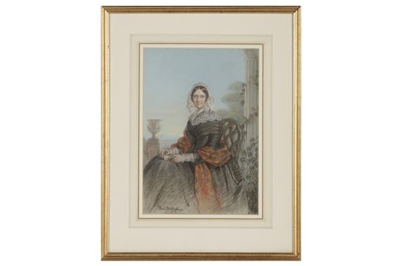 Portrait of a lady, seated in a clasical landscape - Henrietta G. Gubbins