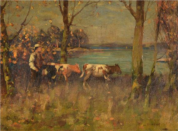 CATTLE AND DROVER BY A LAKE by John Reid Murray