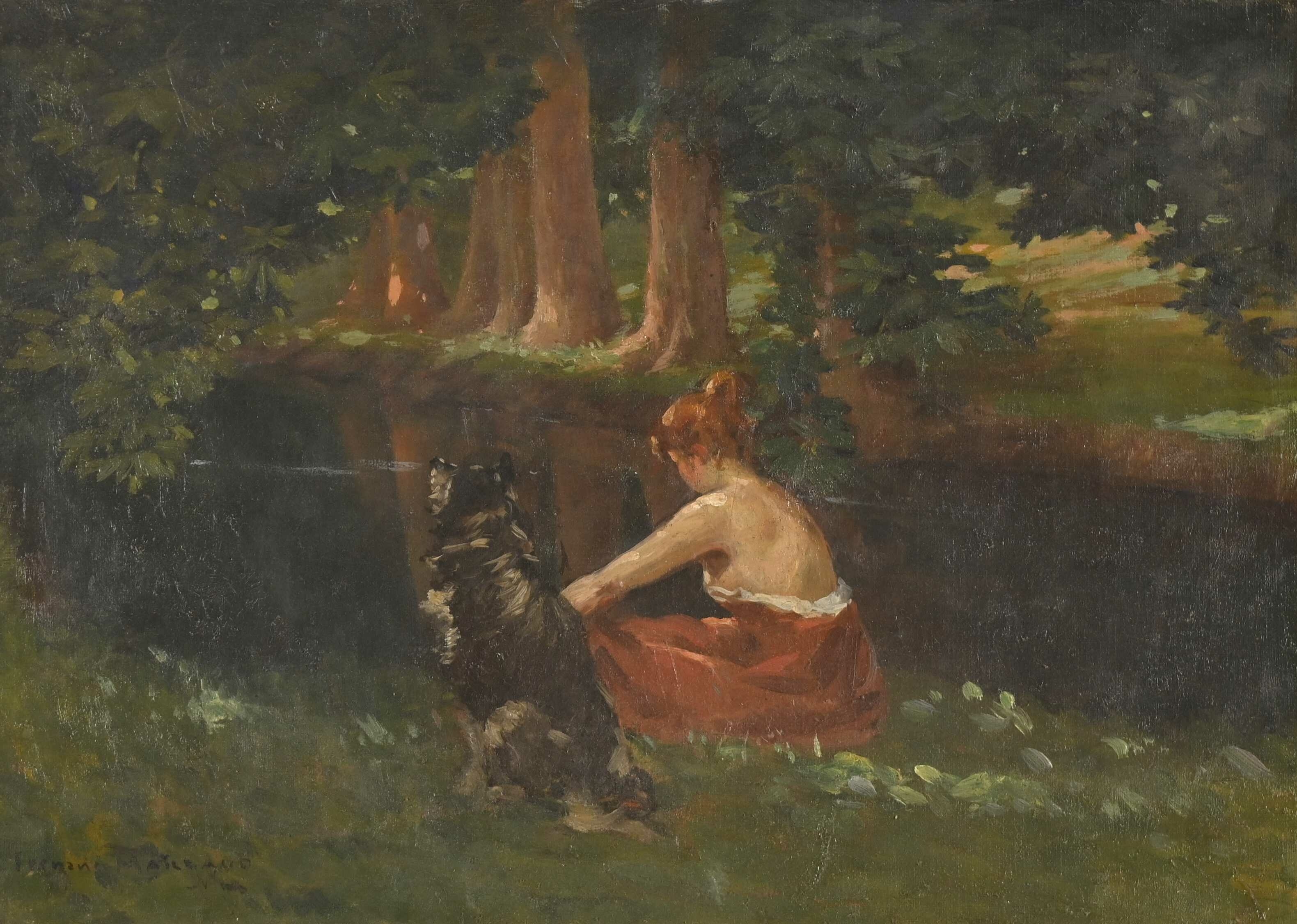 Artwork by Fernand Materaud, Jeune femme et son chien en bord de lac