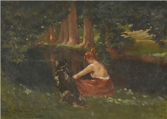 Jeune femme et son chien en bord de lac - Fernand Materaud