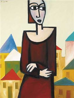 A stylized portrait of a figure in a red dress against a colorful, geometric cityscape background.