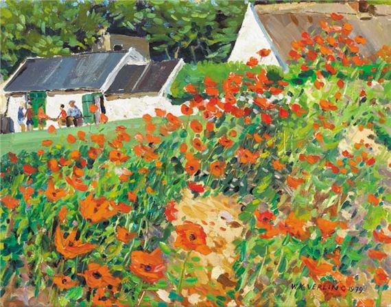 POPPY FIELD WITH FIGURES OUTSIDE A ROW OF COTTAGES, 1979 by Walter Verling, 1979