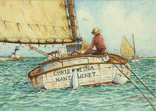 Catboat Christina, Nantucket Rounding Brant Point by John Hutchinson