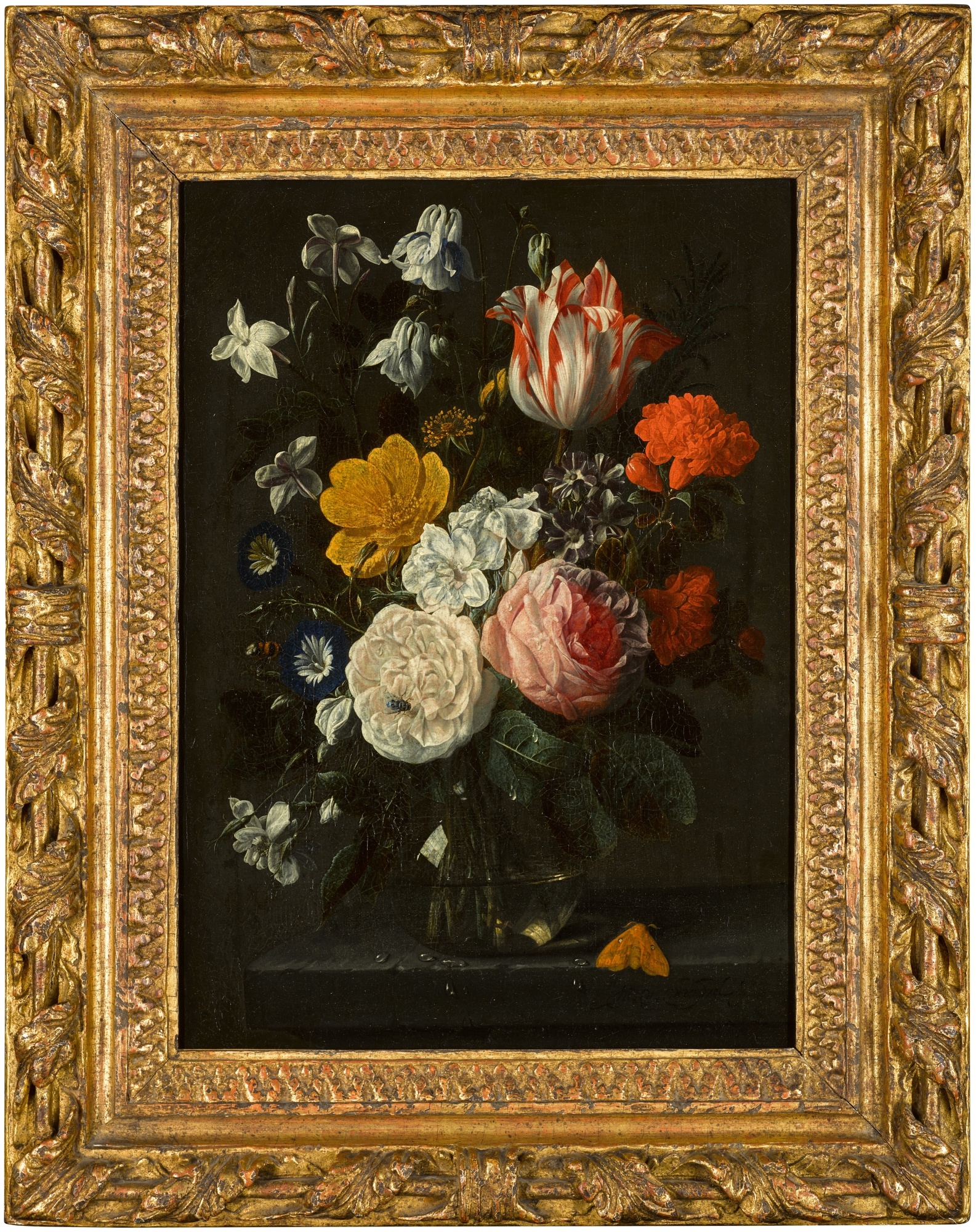 Artwork by Nicolaes van Veerendael, Still life of roses, tulips, Spanish jasmine, morning glories, carnations and other flowers in a glass vase on a ledge, Made of oil on canvas