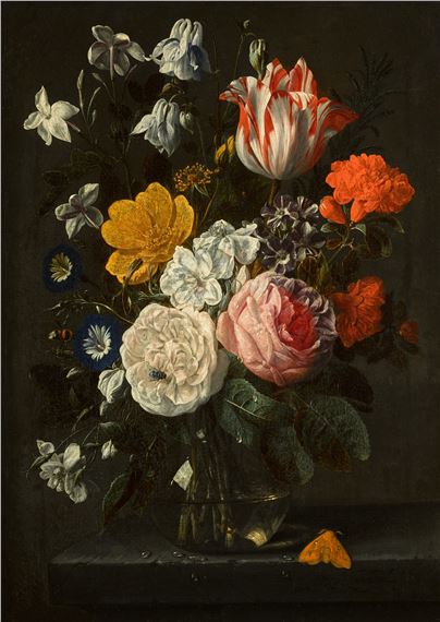Still life of roses, tulips, Spanish jasmine, morning glories, carnations and other flowers in a glass vase on a ledge by Nicolaes van Veerendael