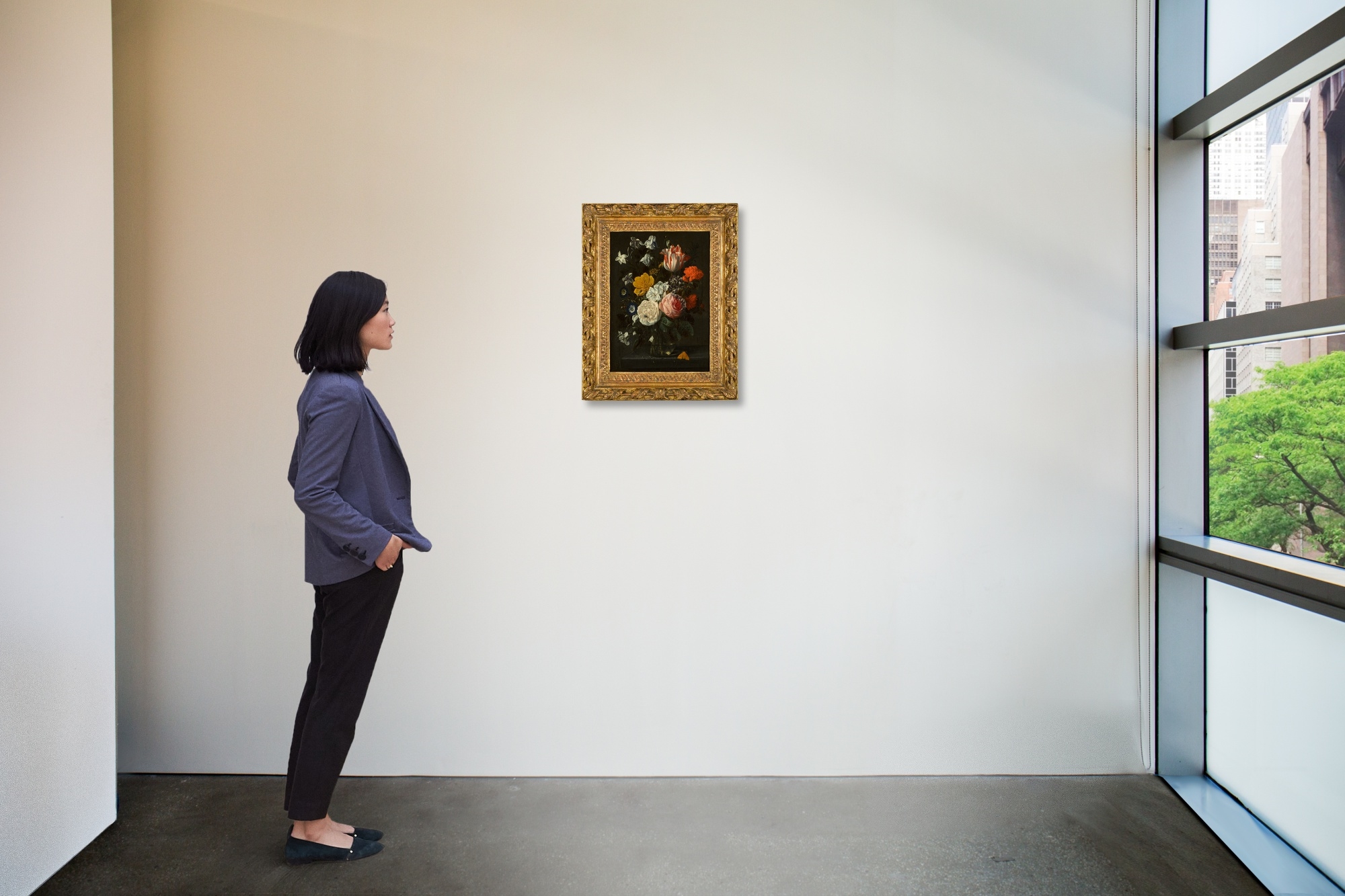 Artwork by Nicolaes van Veerendael, Still life of roses, tulips, Spanish jasmine, morning glories, carnations and other flowers in a glass vase on a ledge, Made of oil on canvas