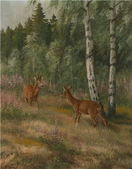 Rehe am Waldrand by Friedrich Reimann, um 1980