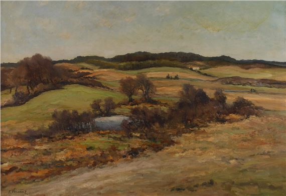 A serene landscape painting of rolling hills and a small pond under an overcast sky.