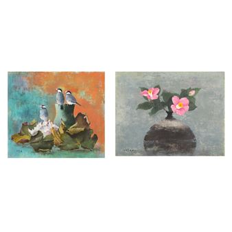 SPARROW AND LEAVES; CAMELLIA - Iozumi Kinoto