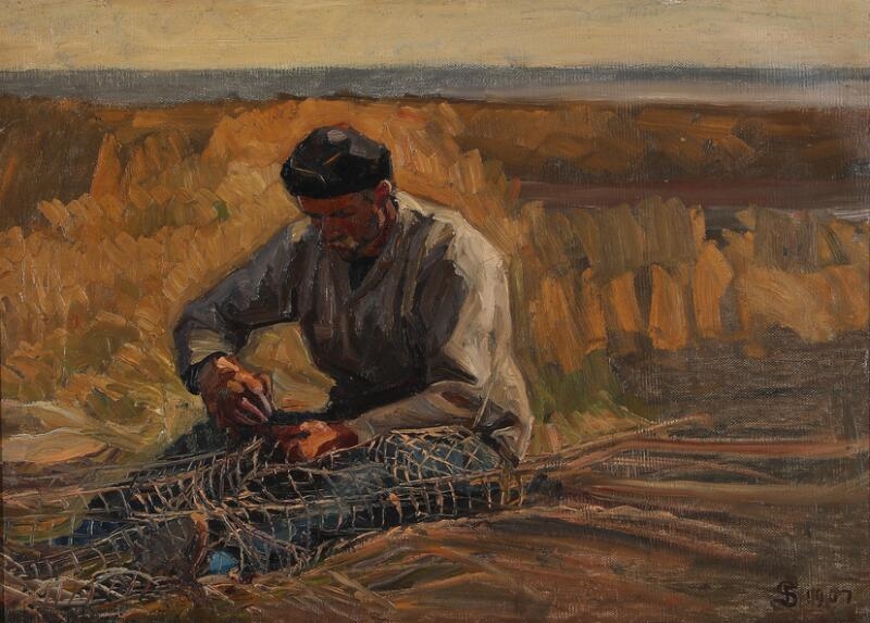 A fisherman fixing his net by Fritz Syberg, dated 1907