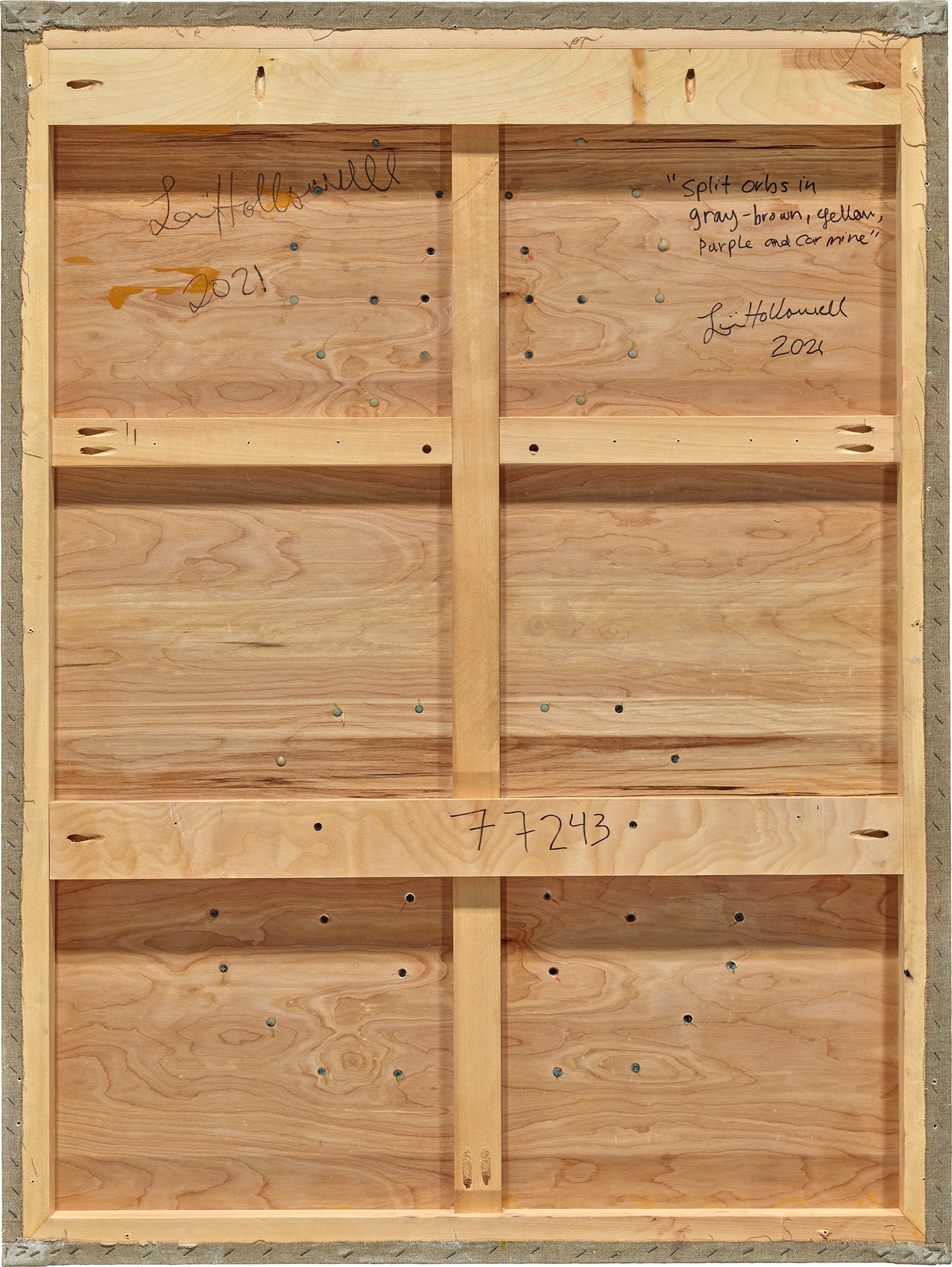 Artwork by Loie Hollowell, Split Orbs in gray-brown, yellow, purple and carmine, Made of oil, acrylic and high-density foam on linen mounted on panel