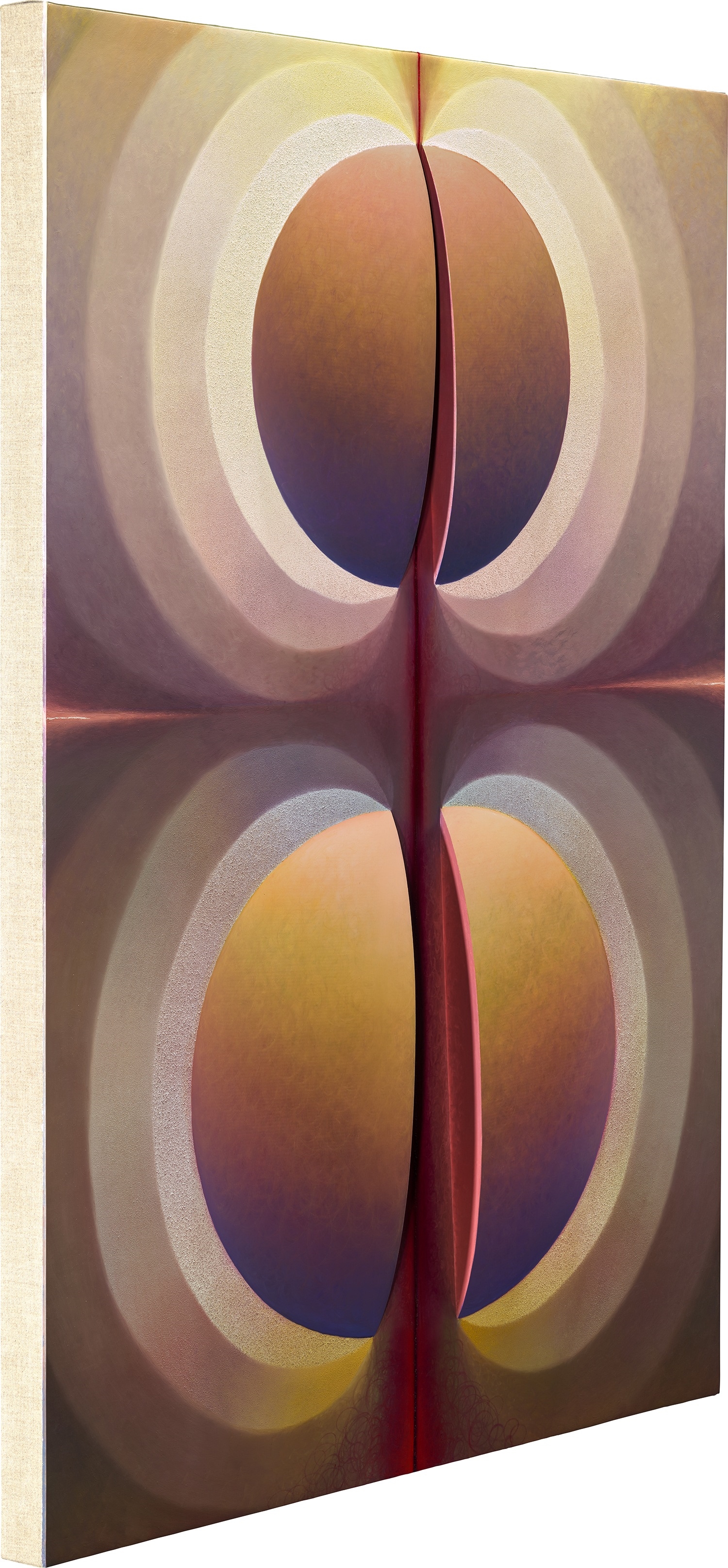 Artwork by Loie Hollowell, Split Orbs in gray-brown, yellow, purple and carmine, Made of oil, acrylic and high-density foam on linen mounted on panel