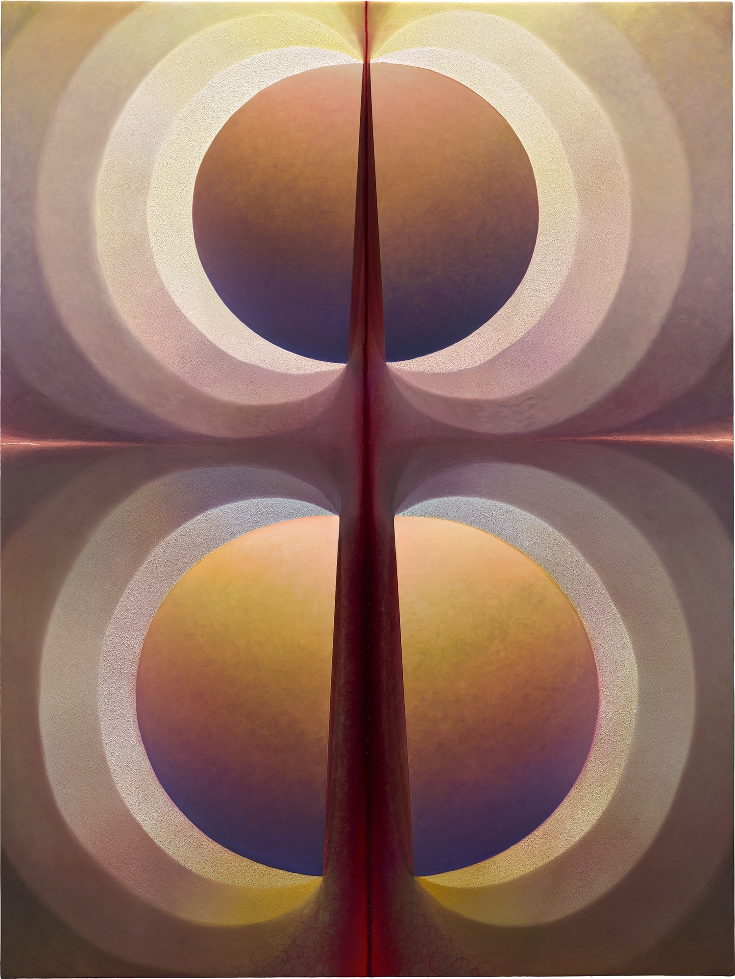 Artwork by Loie Hollowell, Split Orbs in gray-brown, yellow, purple and carmine, Made of oil, acrylic and high-density foam on linen mounted on panel