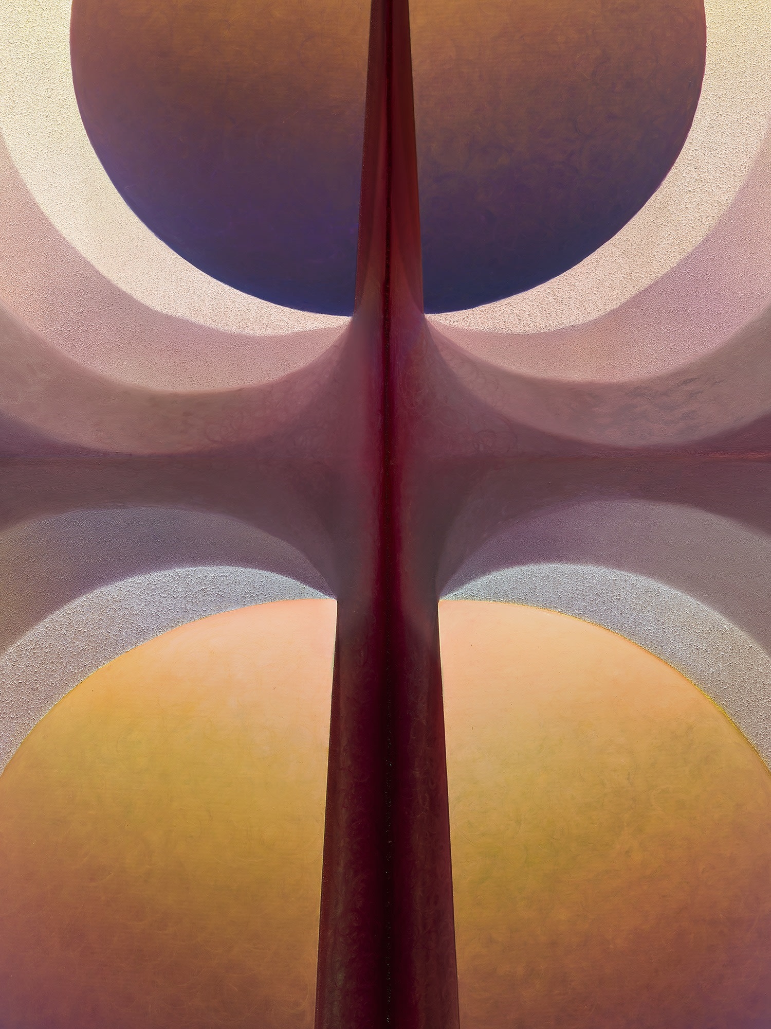 Artwork by Loie Hollowell, Split Orbs in gray-brown, yellow, purple and carmine, Made of oil, acrylic and high-density foam on linen mounted on panel