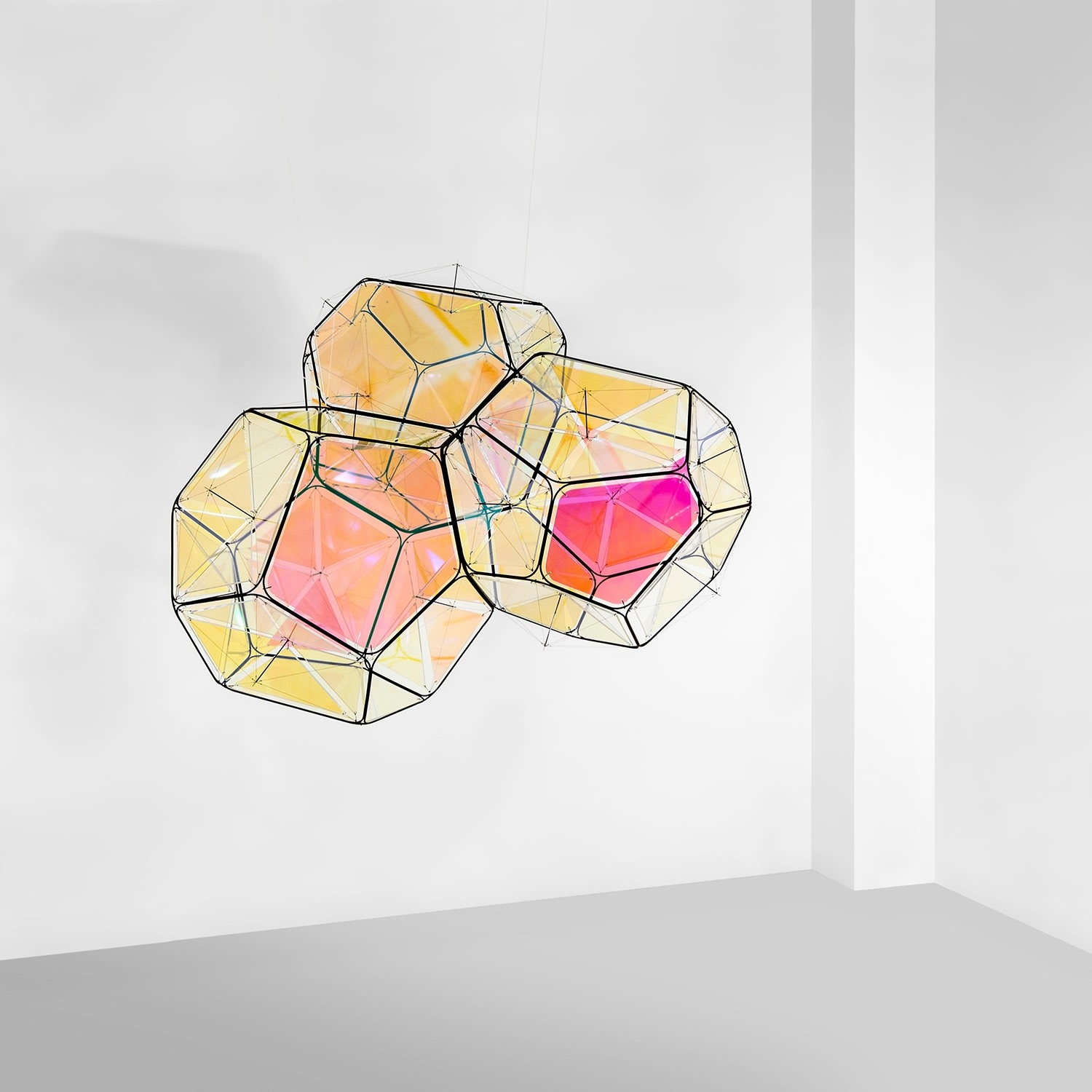Artwork by Tomas Saraceno, NGC 5090/M+1, Made of metal, plexiglass iridescent, steel thread and fishing line