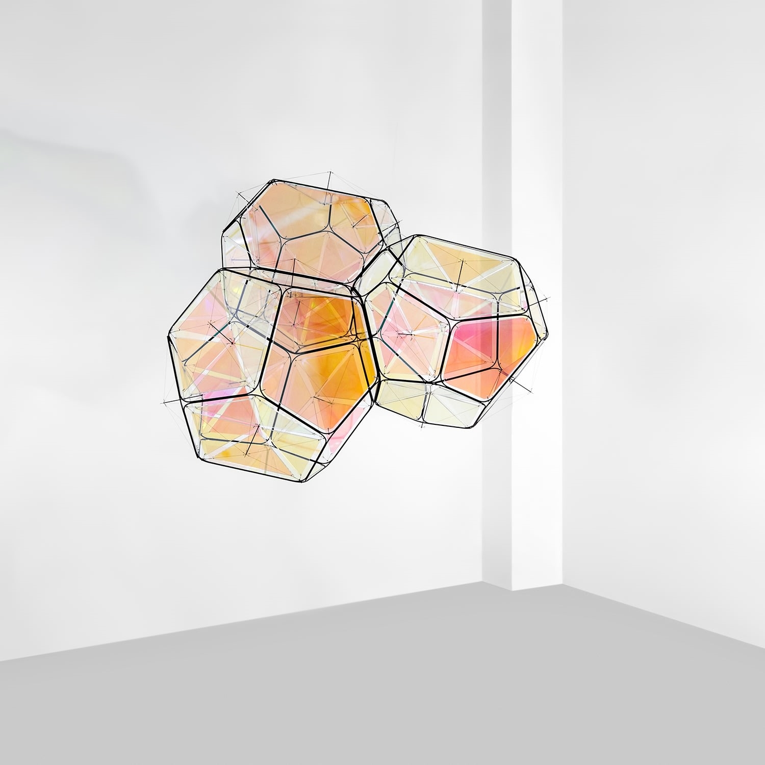 Artwork by Tomas Saraceno, NGC 5090/M+1, Made of metal, plexiglass iridescent, steel thread and fishing line