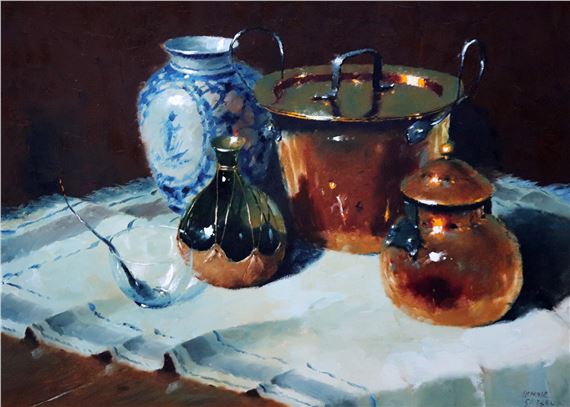 STILL LIFE WITH COPPER AND BLUE AND WHITE VASE