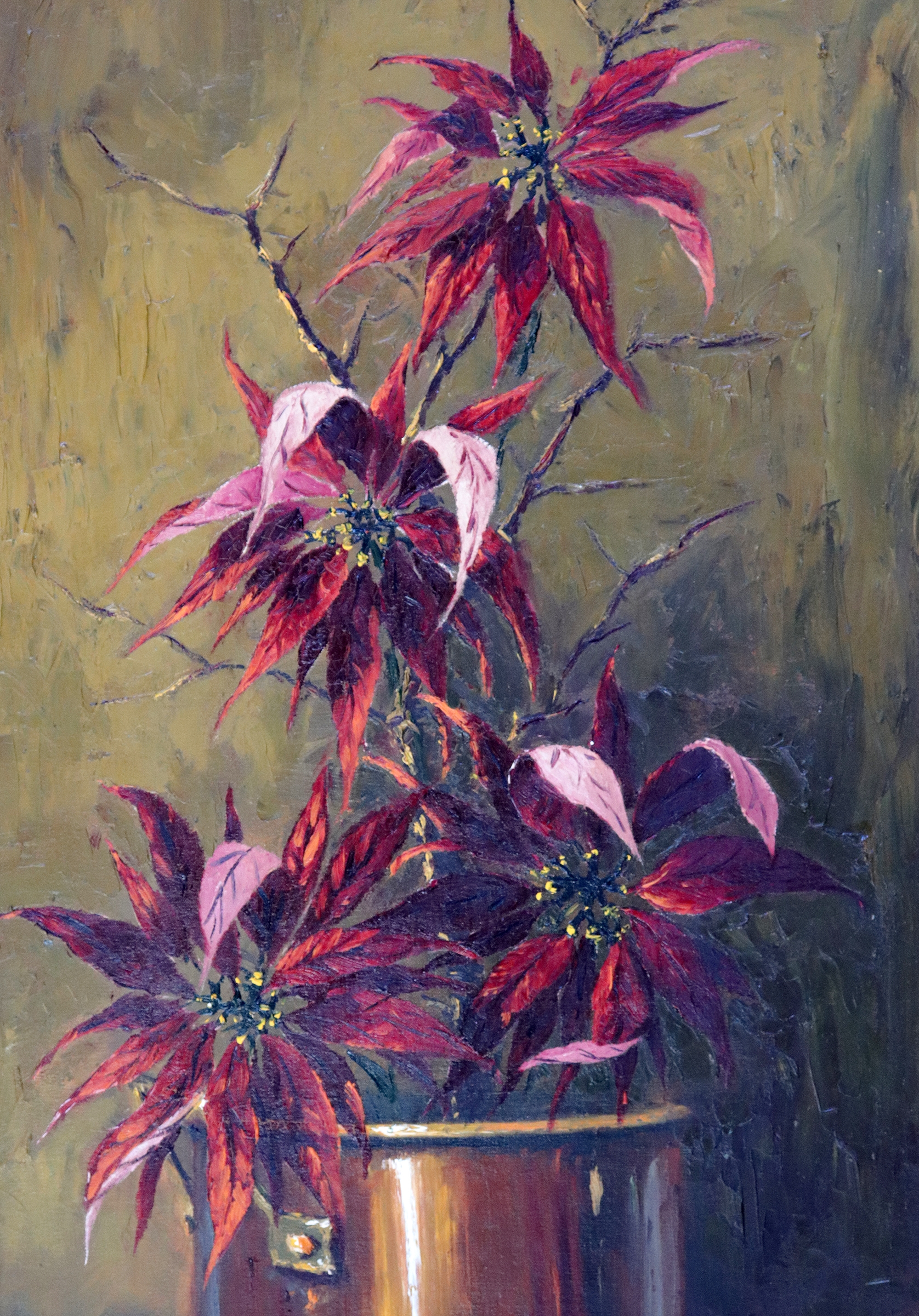 Artwork by Hennie Griesel, STILL LIFE WITH POINSETTIAS, Made of oil on canvas on board
