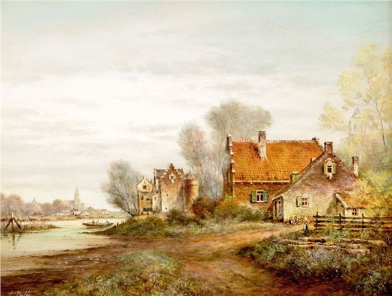 Niederländisches Städtchen am Fluss by Jan Van Delft