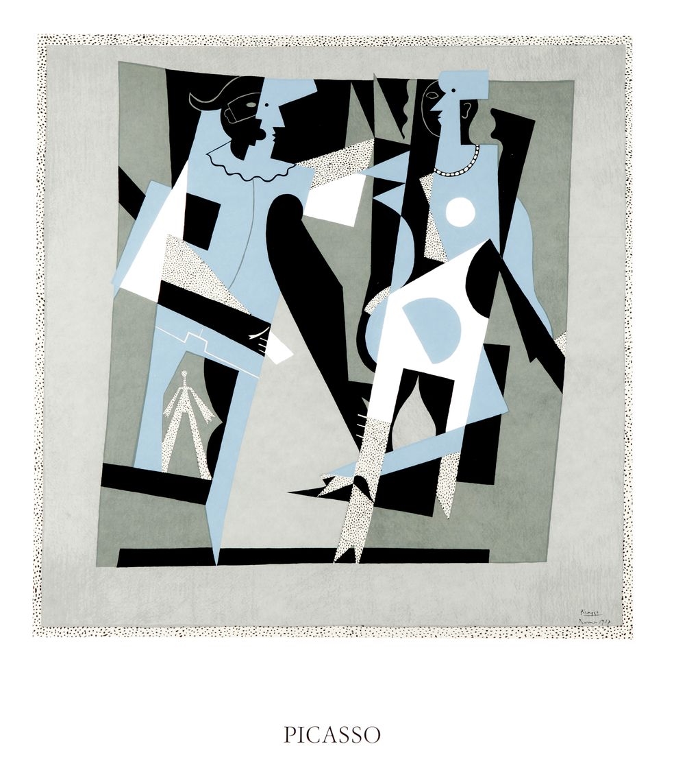 Artwork by Pablo Picasso, Reproduktion eines Gemäldes: Harlekin und Frau mit Halskette (Arlequin et femme au collier, 1917), Made of oil on canvas
