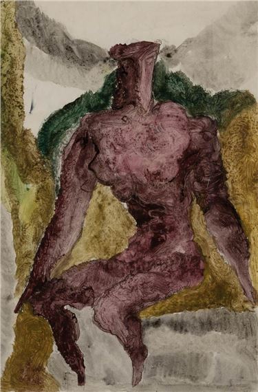A textured, abstract figure in deep purples and greens sits amidst a landscape of earthy tones.