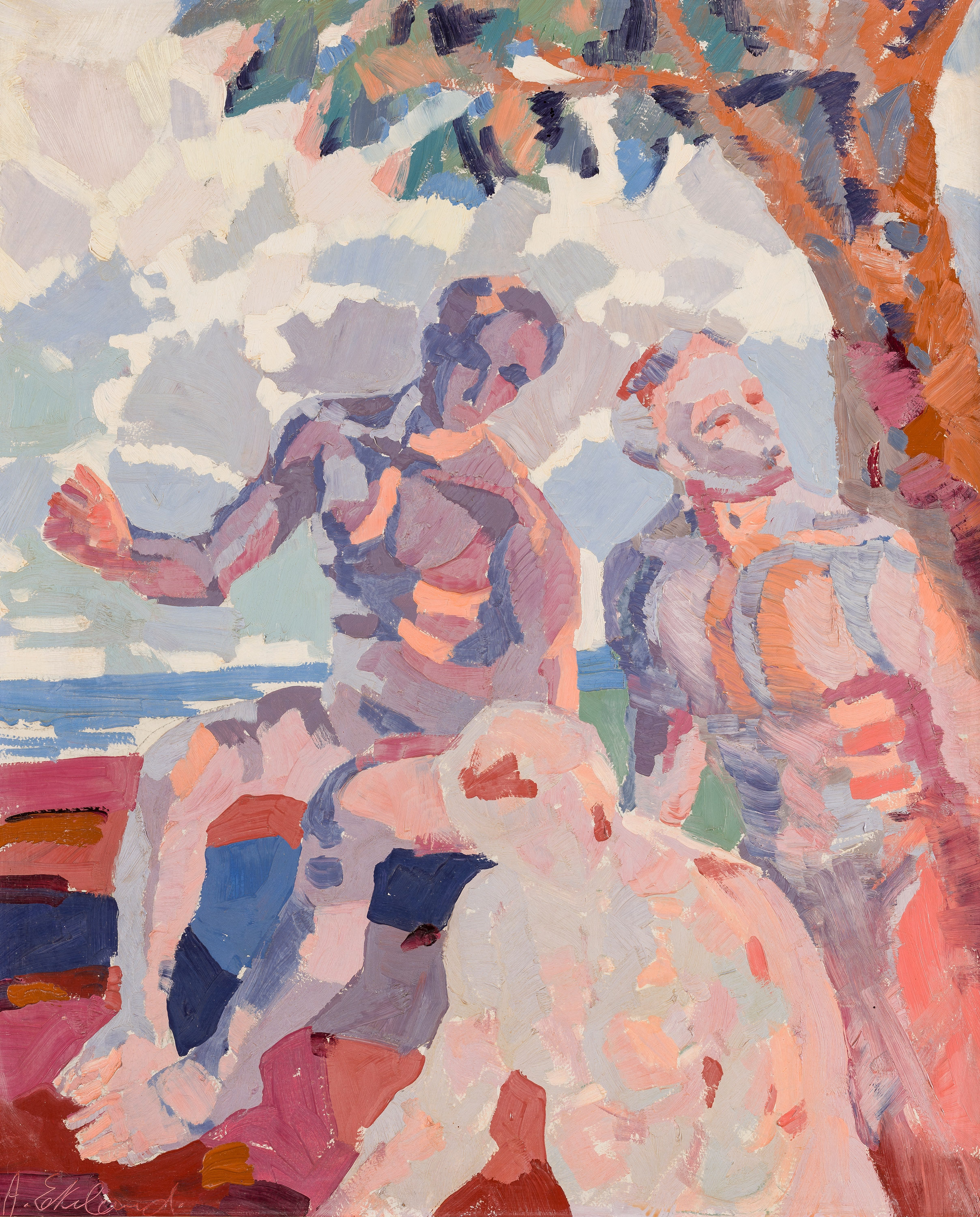 Three figures in a coastal landscape by Arne Ekeland