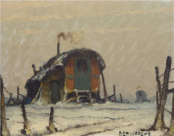 Oil on canvas Caravan in the snow, signed. by Piet Lippens, 1890