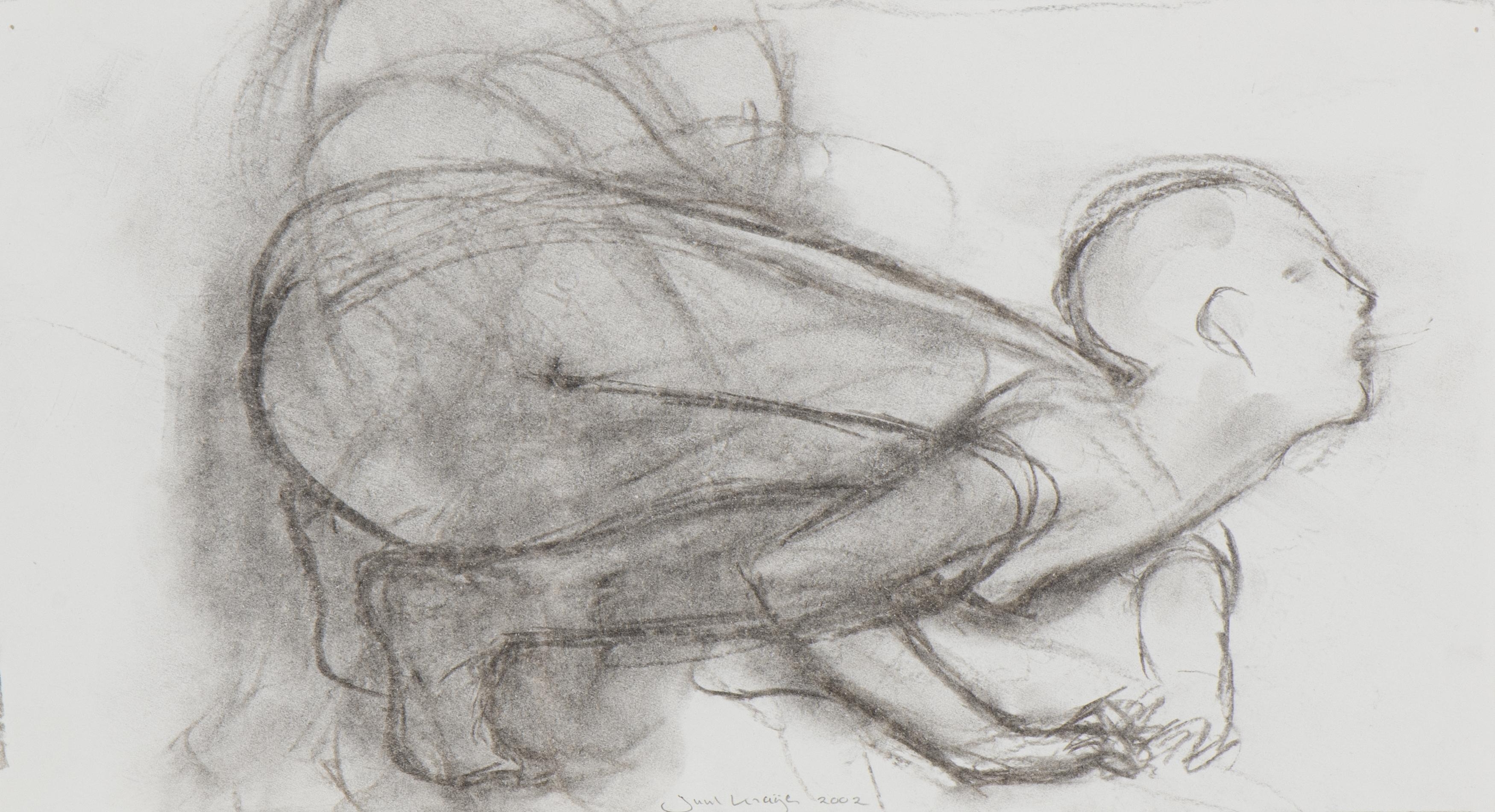 Artwork by Juul Kraijer, Squatting figure, Made of charcoal and frottage on paper