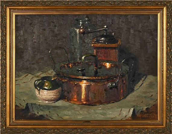 STILL LIFE WITH COPPER POT, JUG COFFEE GRINDER AND GLASS by Hennie Griesel, 1974