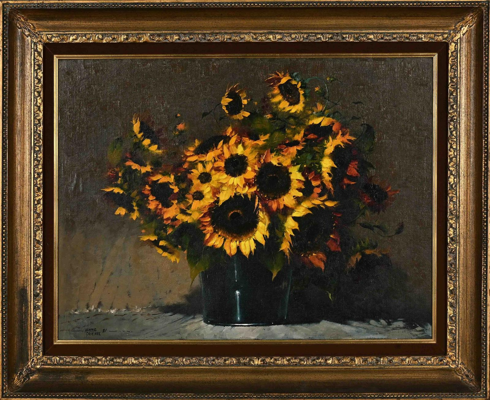 Artwork by Hennie Griesel, STILL LIFE WITH SUNFLOWERS, Made of oil on canvas mounted on board