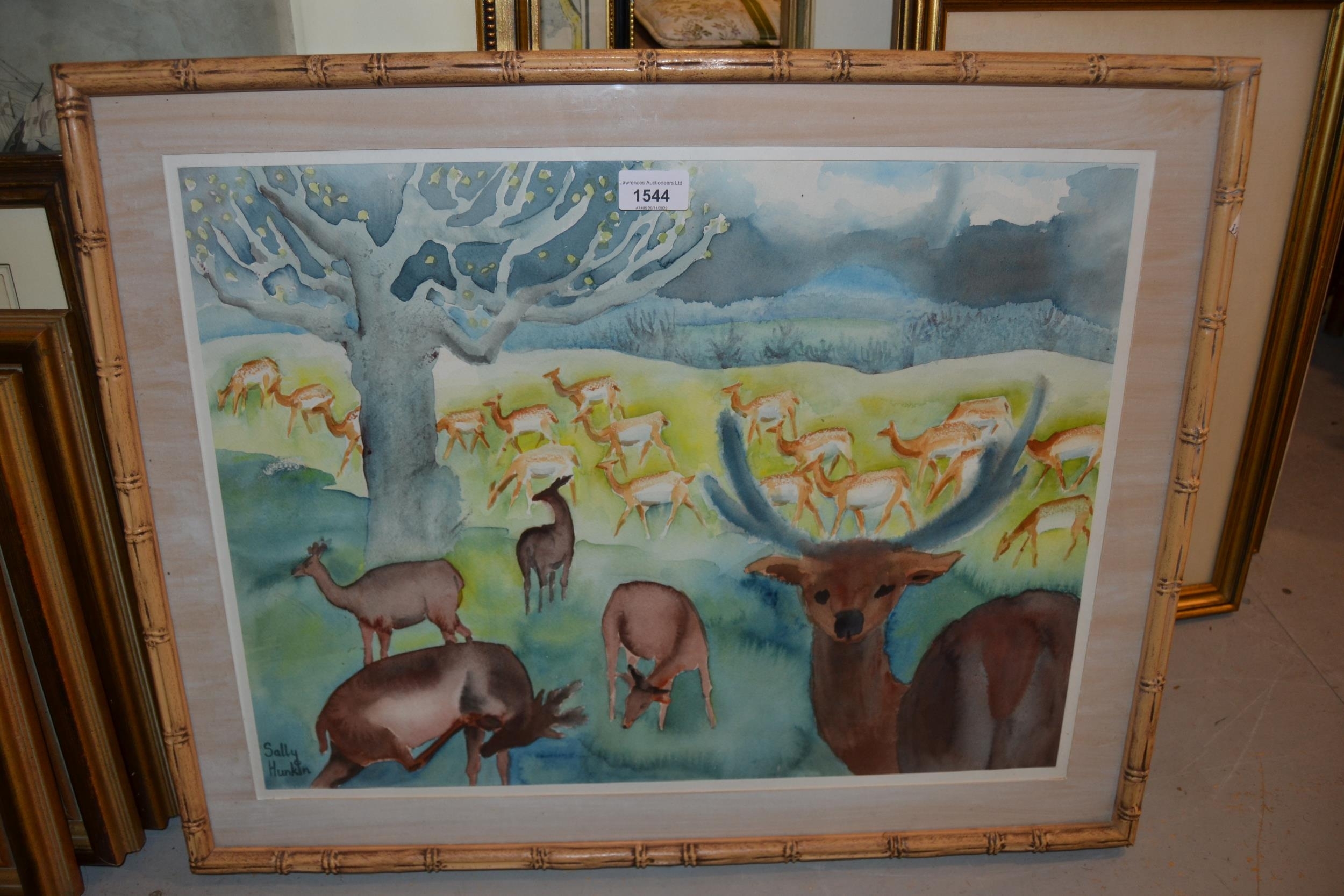 Artwork by Sally Hunkin, deer in a landscape, Made of watercolour
