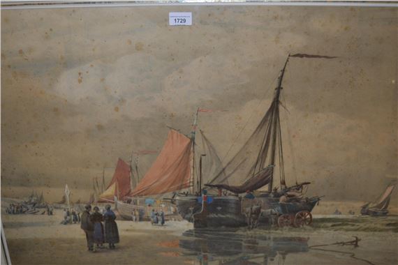 A historical maritime scene depicting beached vessels and figures on a sandy shore.