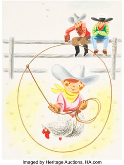A whimsical illustration of a cowboy roping a red boot while two figures watch from a fence.