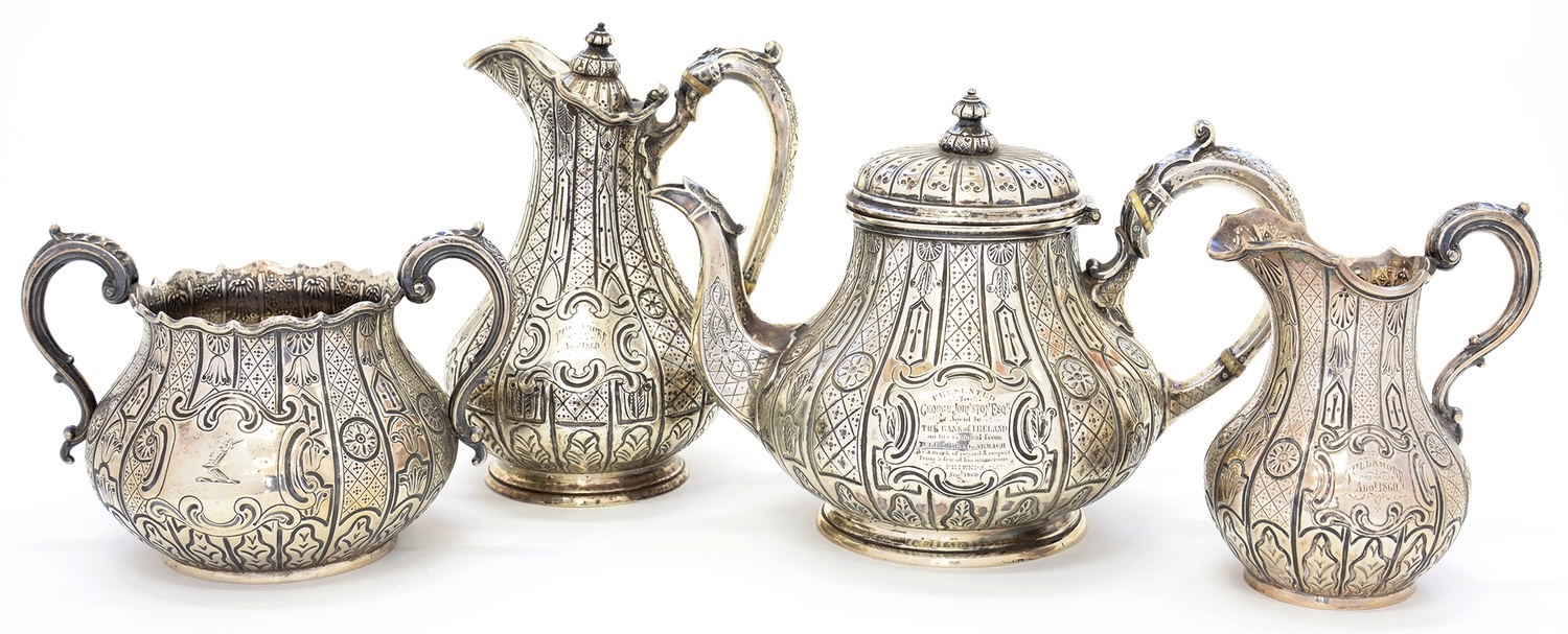 Artwork by John Smyth, A VICTORIAN SILVER QUILTED BALUSTER TEA SERVICE chased wit, Made of SILVER