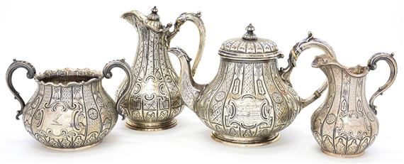 A VICTORIAN SILVER QUILTED BALUSTER TEA SERVICE chased wit by John Smyth, 1860