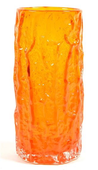 A WHITEFRIARS TEXTURED TANGERINE GLASS CYLINDRICAL VASE DESI by Geoffrey Baxter, 1970