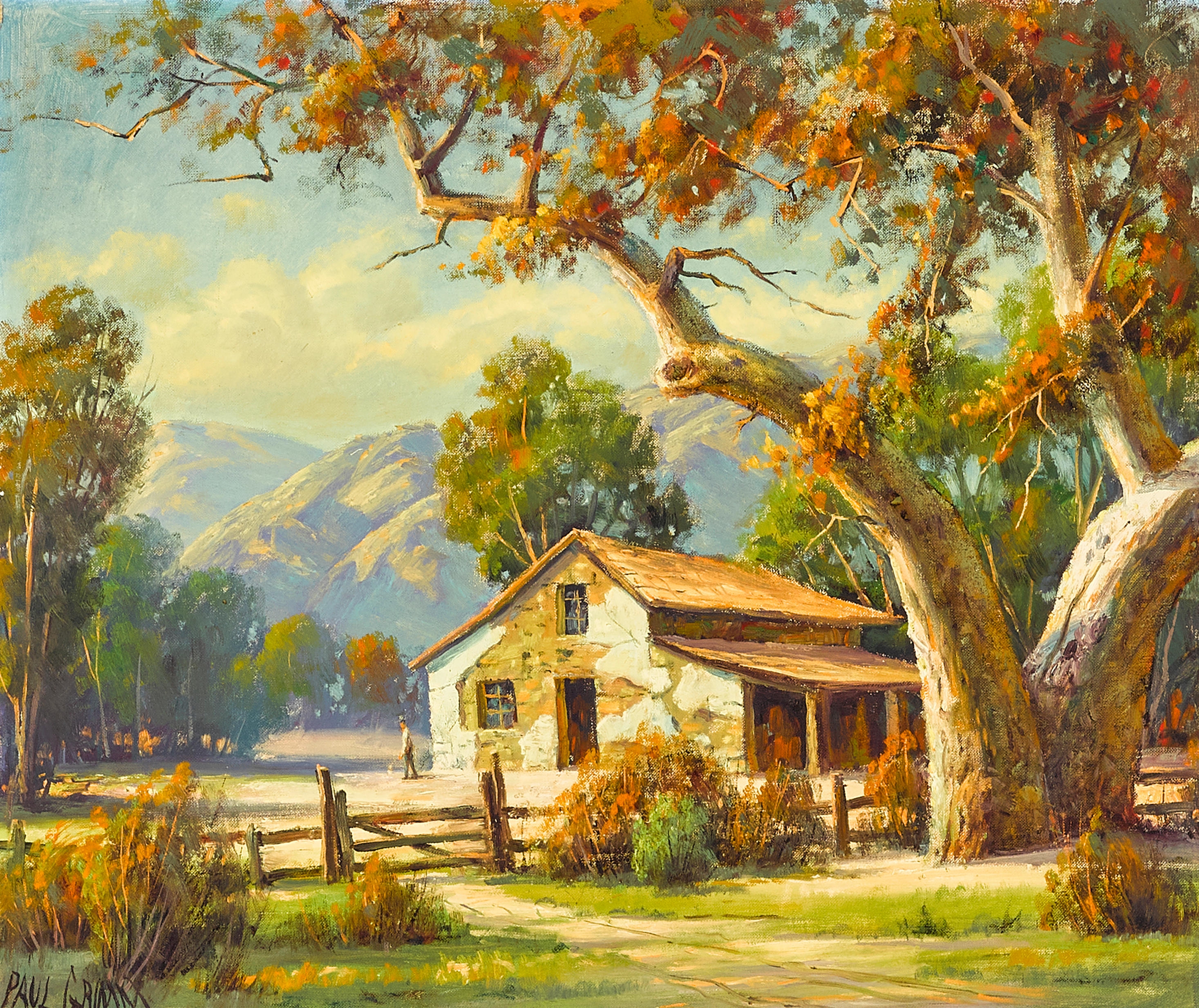 Artwork by Paul Grimm, Old California Ranch (Adobe), Made of oil on canvasboard