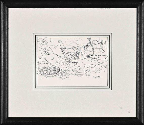 Reclining Nude with Figure, Fruit and Crocodile by Braam Kruger, 1991