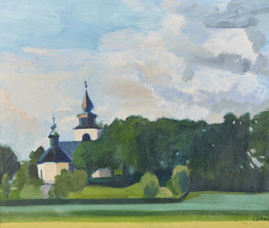 Artwork by Ingrid Schöön Holmberg, Sweden. Östra Ryds Kyrka. Signed. Oil on canvas, Made of Oil on canvas
