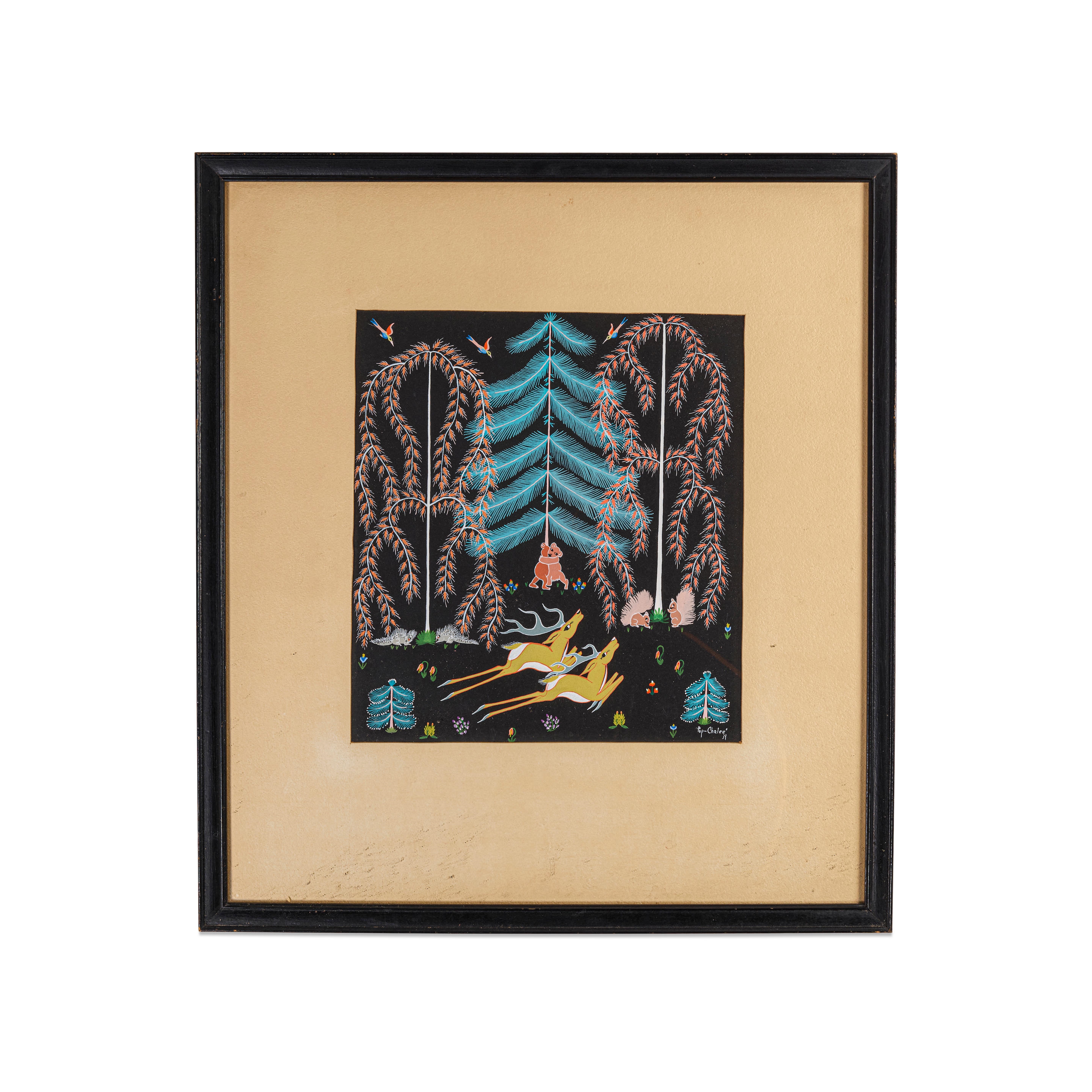 Artwork by Merina Lujan, a forest interior with pairs of animals, Made of gouache on paper under Plexiglas