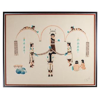 four dancers and two clowns with two onlookers below - Abel Sanchez