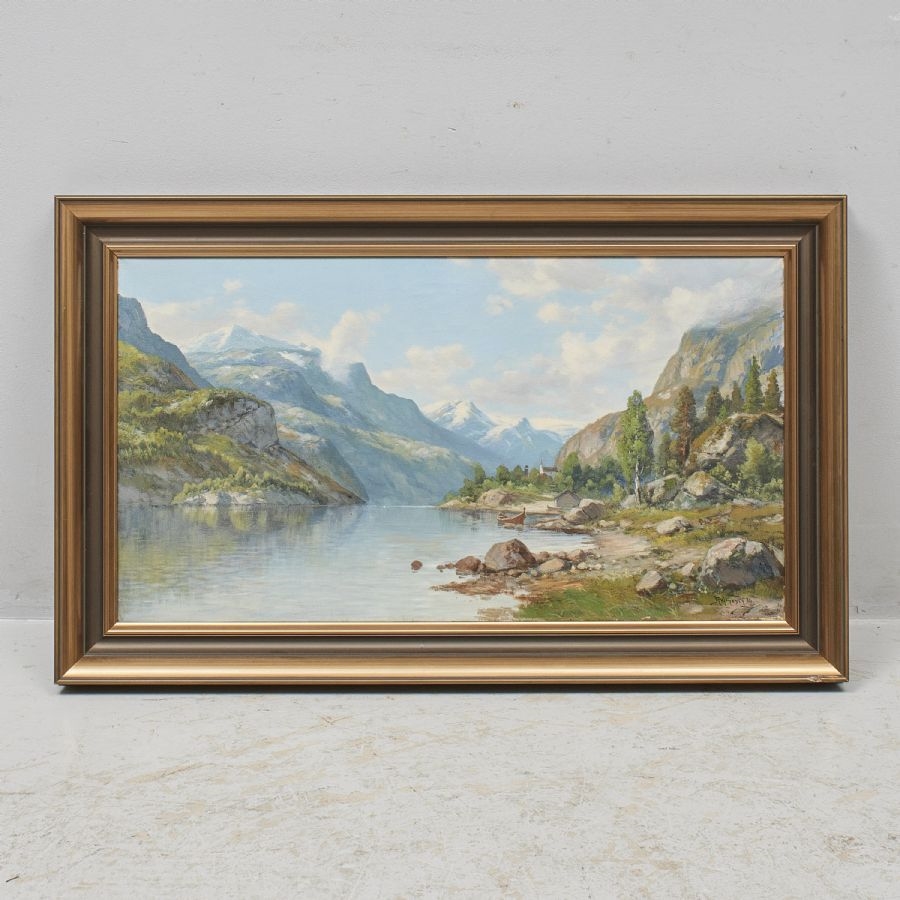 Artwork by Reinhard Arnesen, Norway. Fjordlandskap. Signed, Made of Oil on canvas