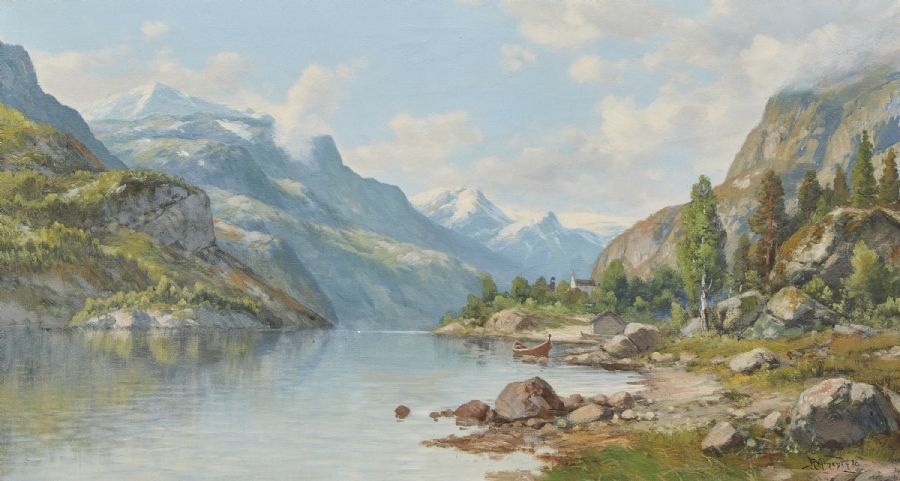 Artwork by Reinhard Arnesen, Norway. Fjordlandskap. Signed, Made of Oil on canvas
