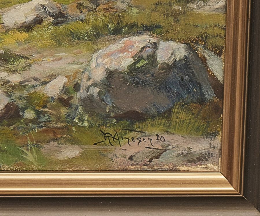 Artwork by Reinhard Arnesen, Norway. Fjordlandskap. Signed, Made of Oil on canvas