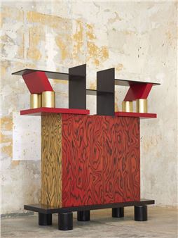 Structure en bois laqué et mélaminé, aluminium et bois doré - Memphis Group‏